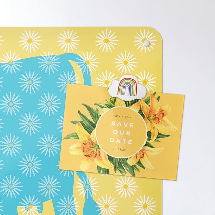 A postcard on a daisy the cow blue design magnetic board or metal wall art panel
