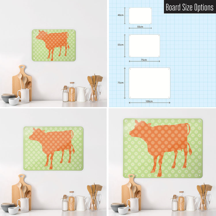 Three photographs of a workspace interior and a diagram to show size comparisons of a daisy the cow orange design magnetic notice board