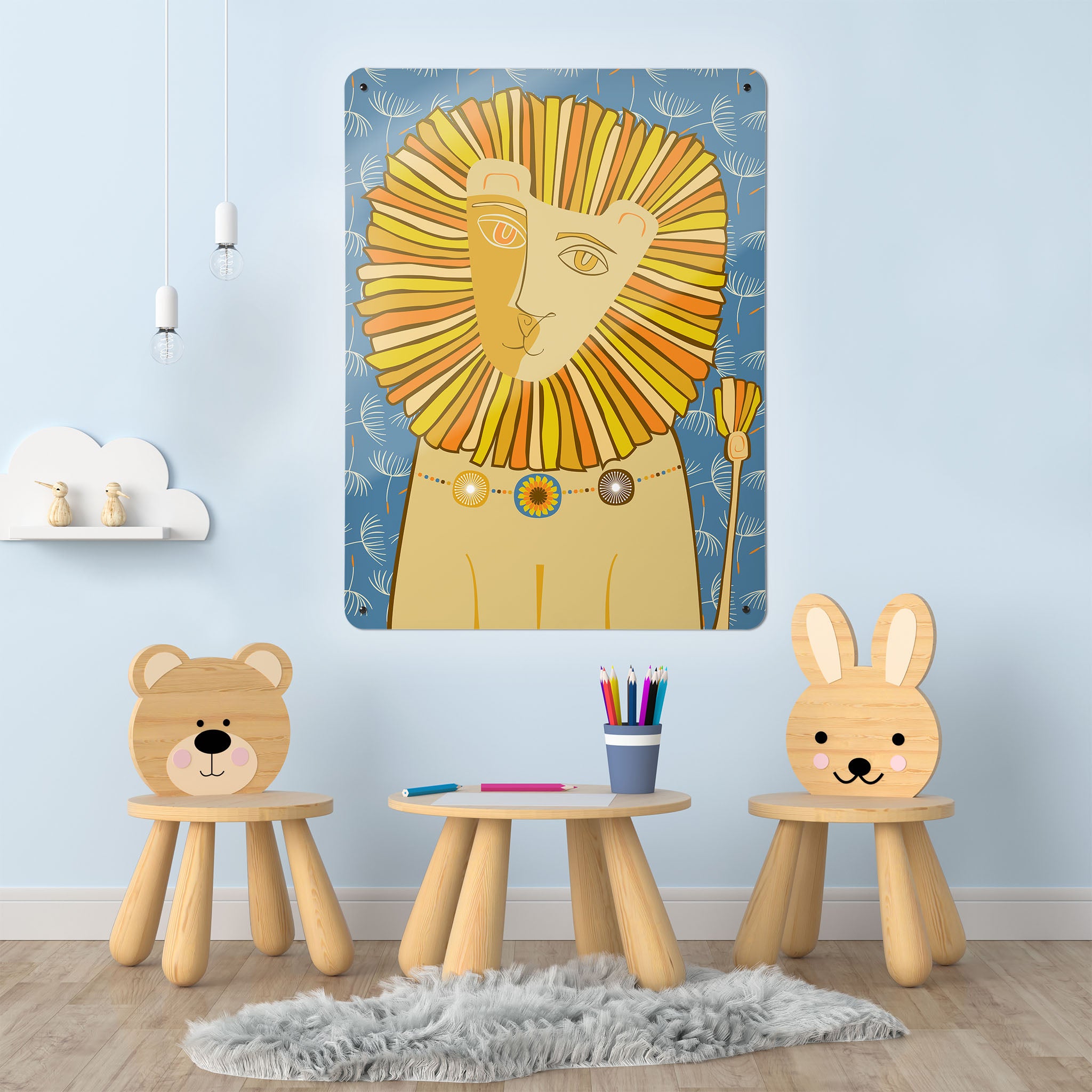 A playroom interior with a magnetic metal wall art panel showing a lion illustration  with a background pattern of dandelion seeds