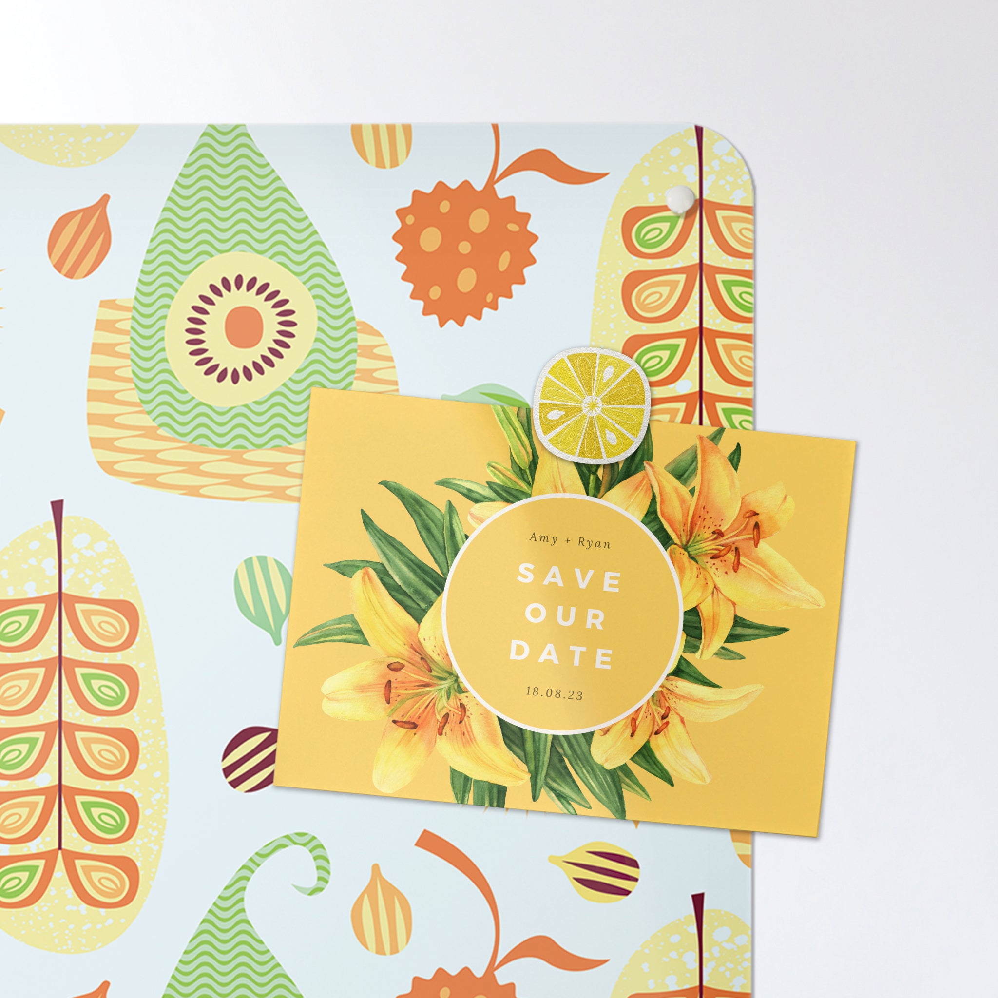 A postcard on an exotic fruit pattern design magnetic board or metal wall art panel