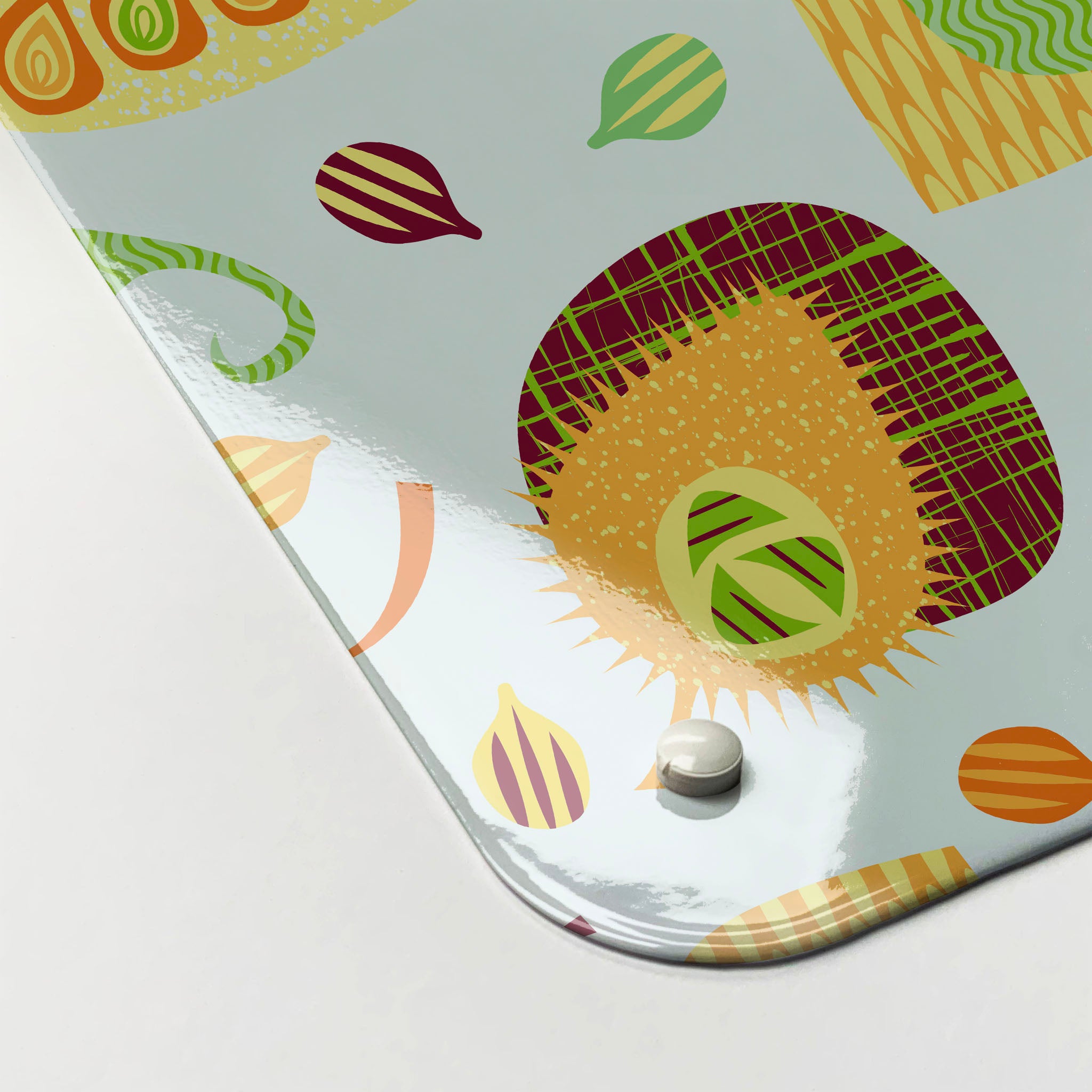 The corner detail of an exotic fruit design magnetic board to show it’s high gloss surface