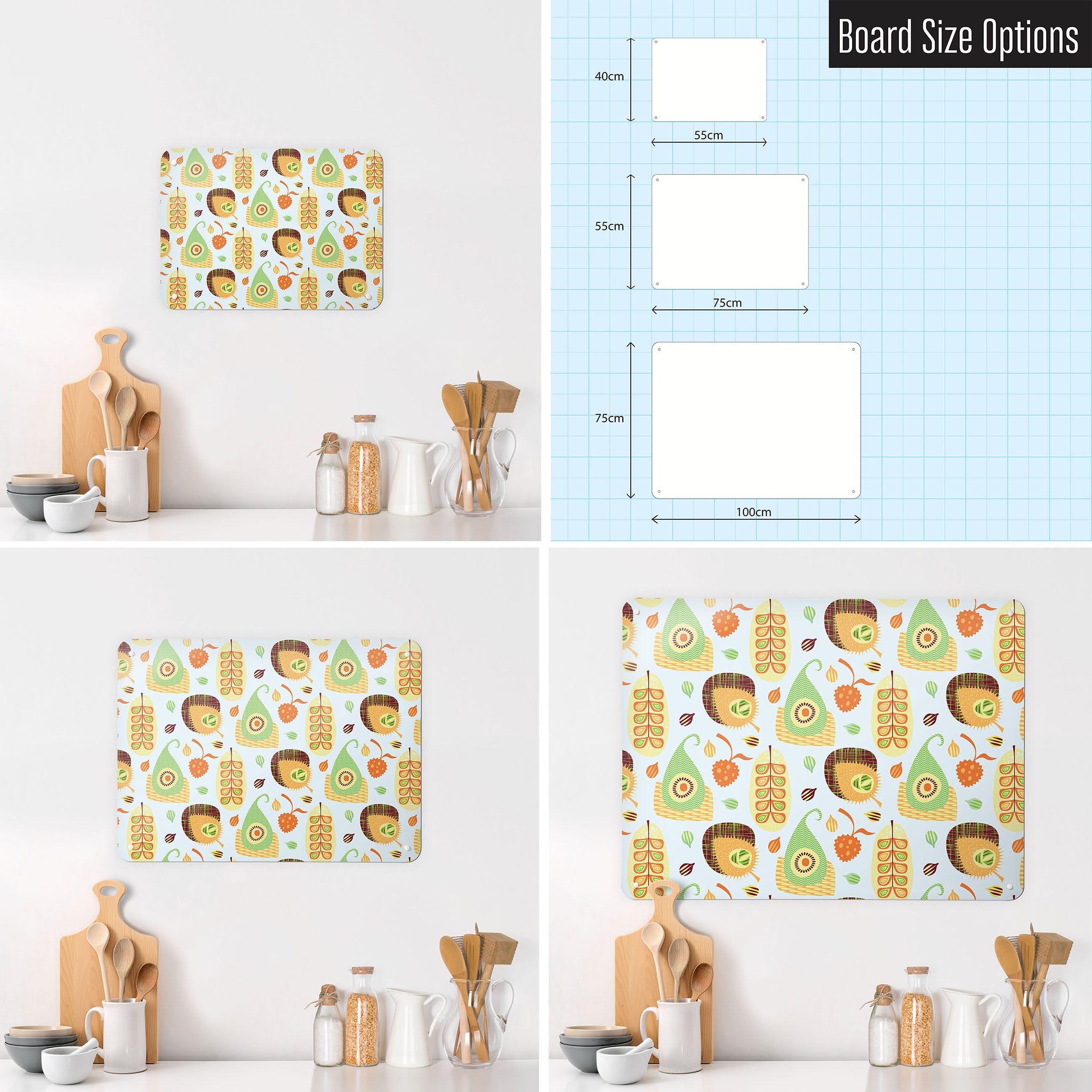 Three photographs of a workspace interior and a diagram to show size comparisons of a exotic fruit design magnetic notice board