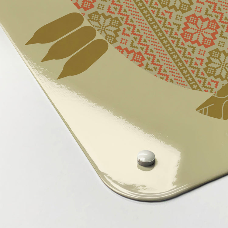 The corner detail of a Fair Isle Owl Olive and yellow magnetic board to show it’s high gloss surface