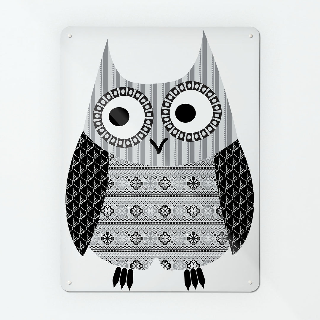 A large magnetic notice board by Beyond the Fridge with an image of a fair isle owl design in black and white