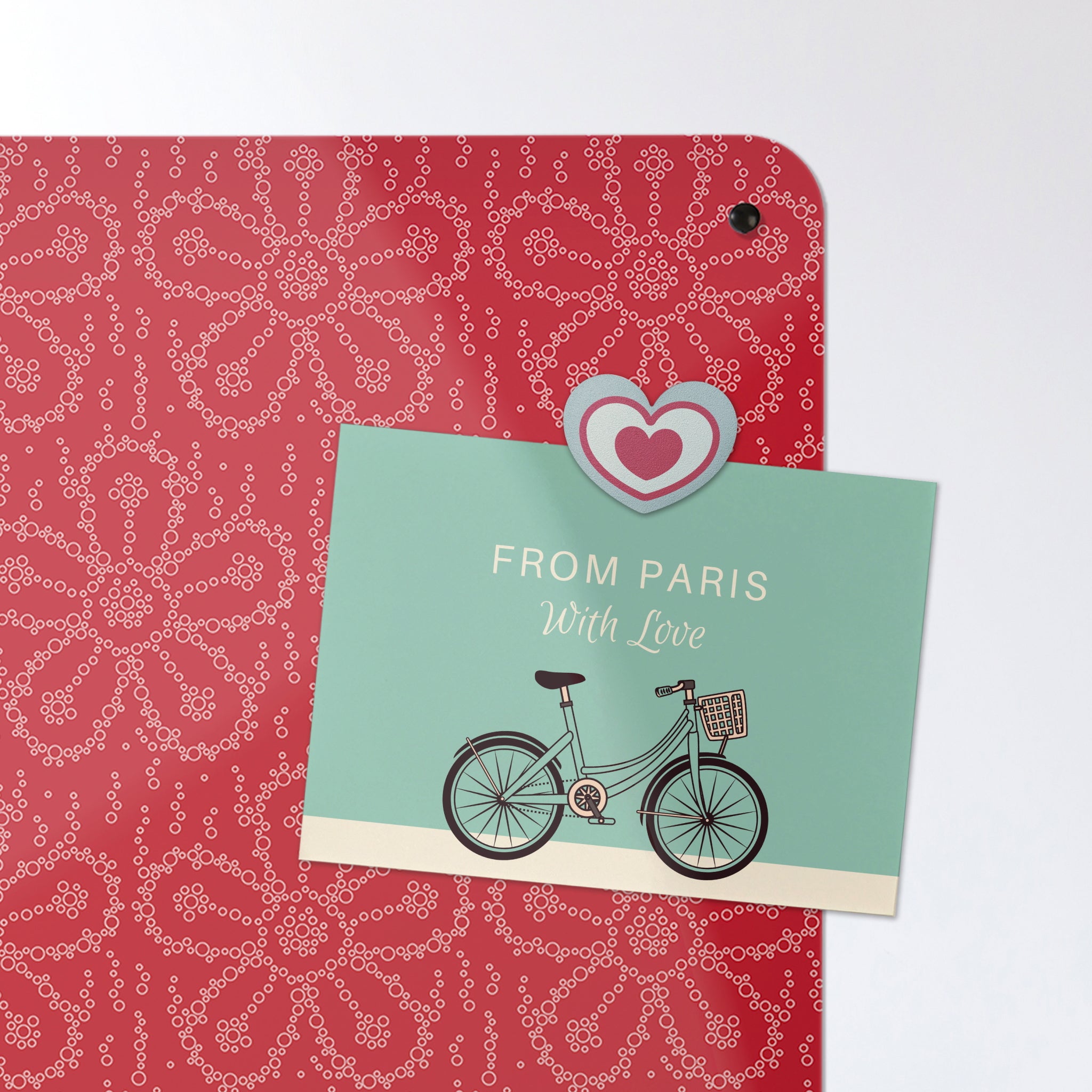 A postcard on a fizzy flower design magnetic board or metal wall art panel
