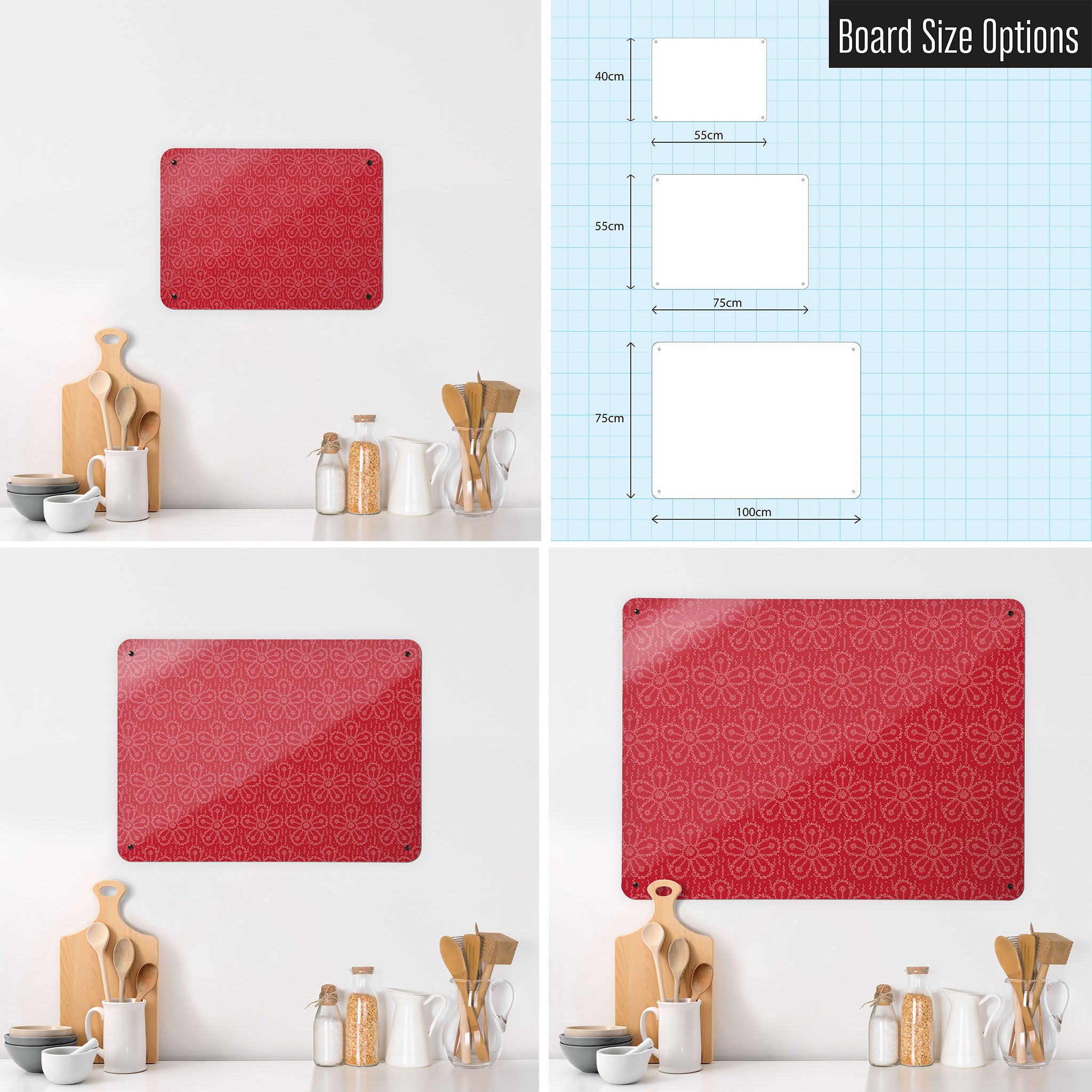 Three photographs of a workspace interior and a diagram to show size comparisons of a fizzy flower design magnetic notice board