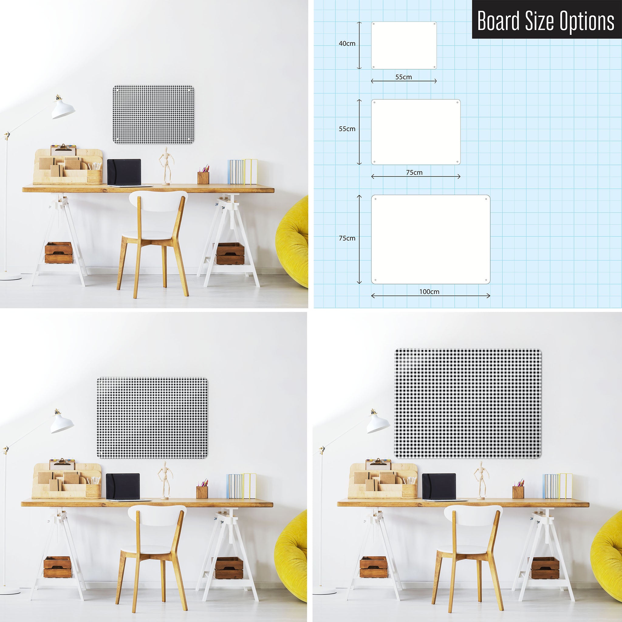Three photographs of a workspace interior and a diagram to show size comparisons of a  black and white gingham design magnetic notice board