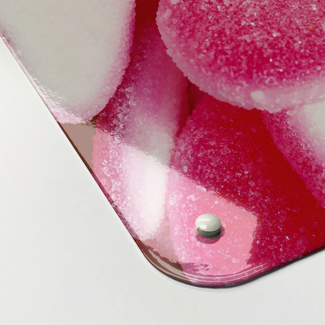 The corner detail of a heart sweets photographic magnetic board to show it’s high gloss surface