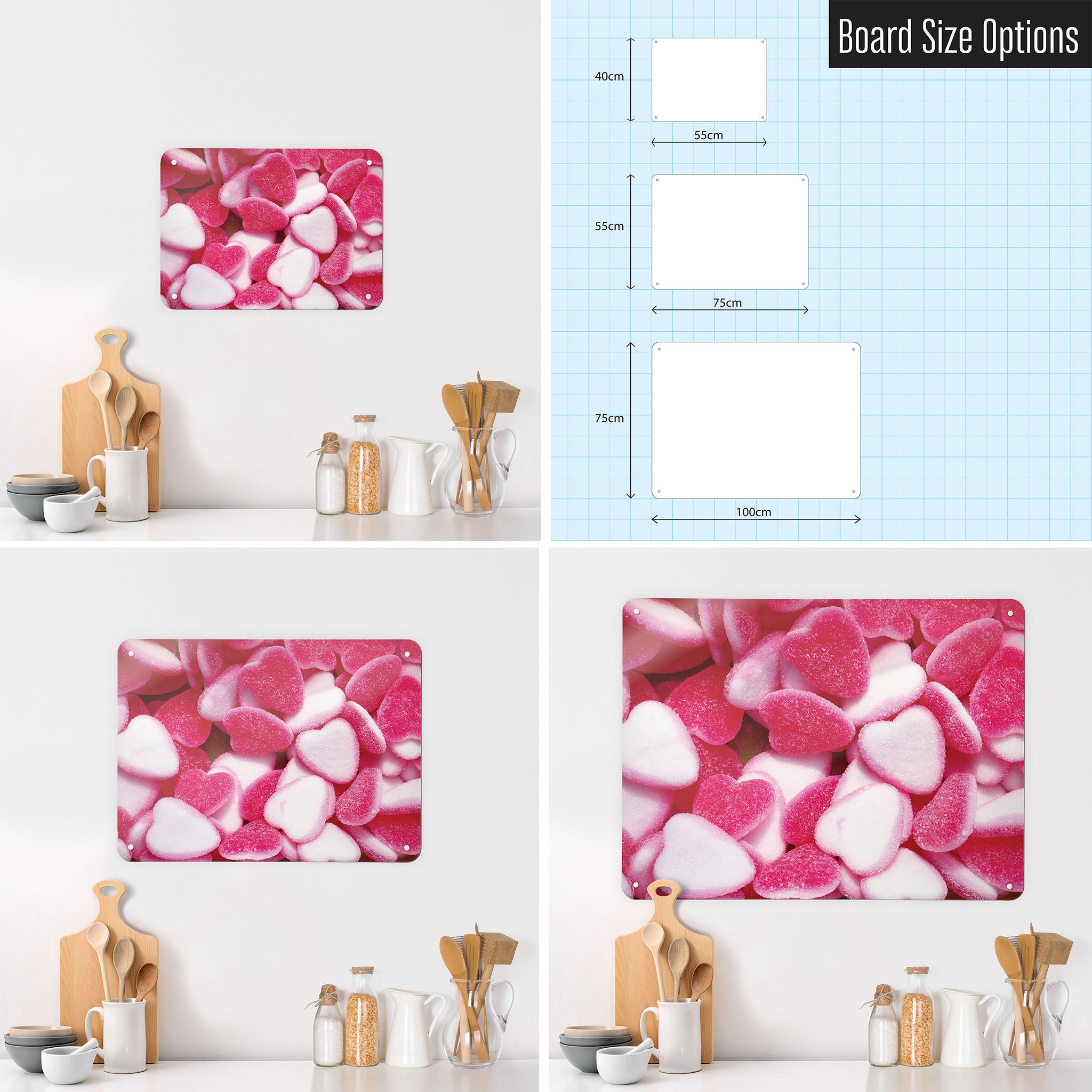 Three photographs of a kitchen interior and a diagram to show size comparisons of a heart sweets magnetic notice board