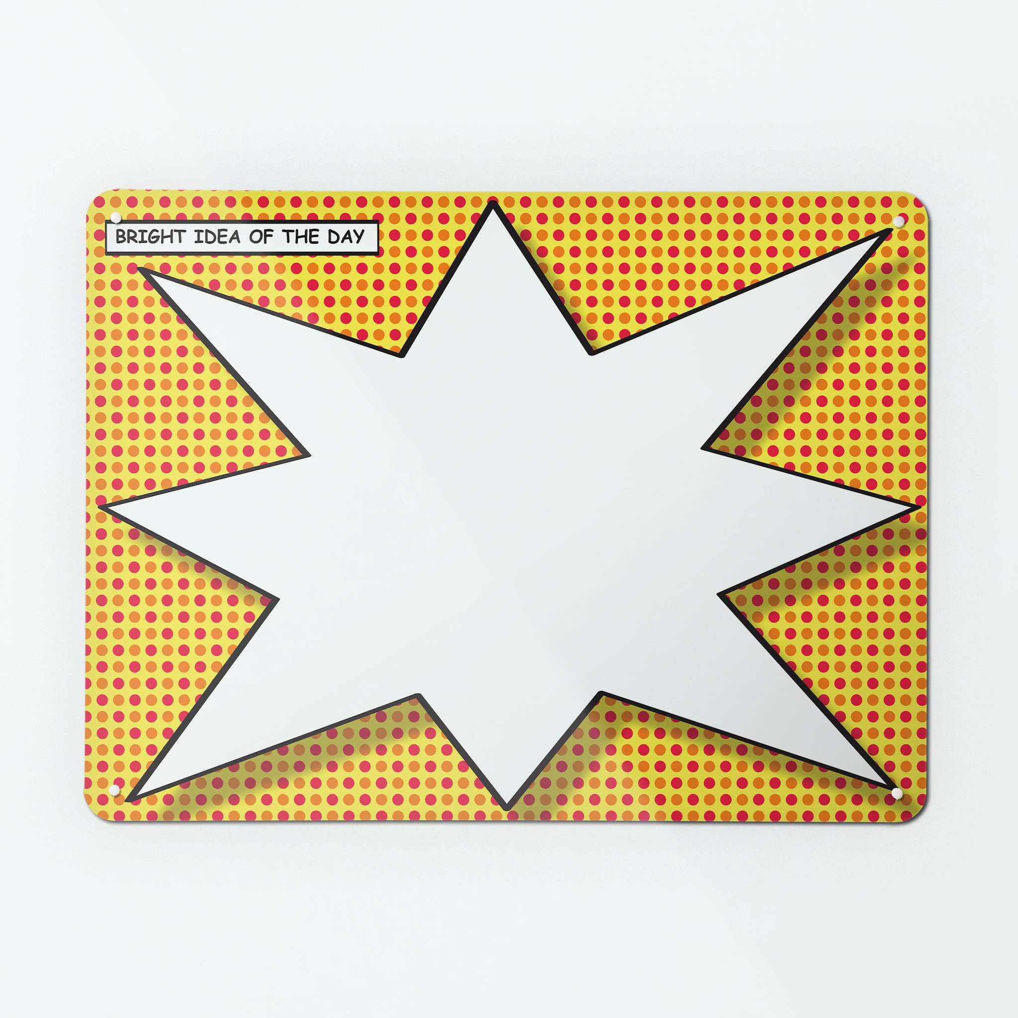 A large magnetic notice board by Beyond the Fridge with a cartoon idea bubble design in white on a red and yellow background