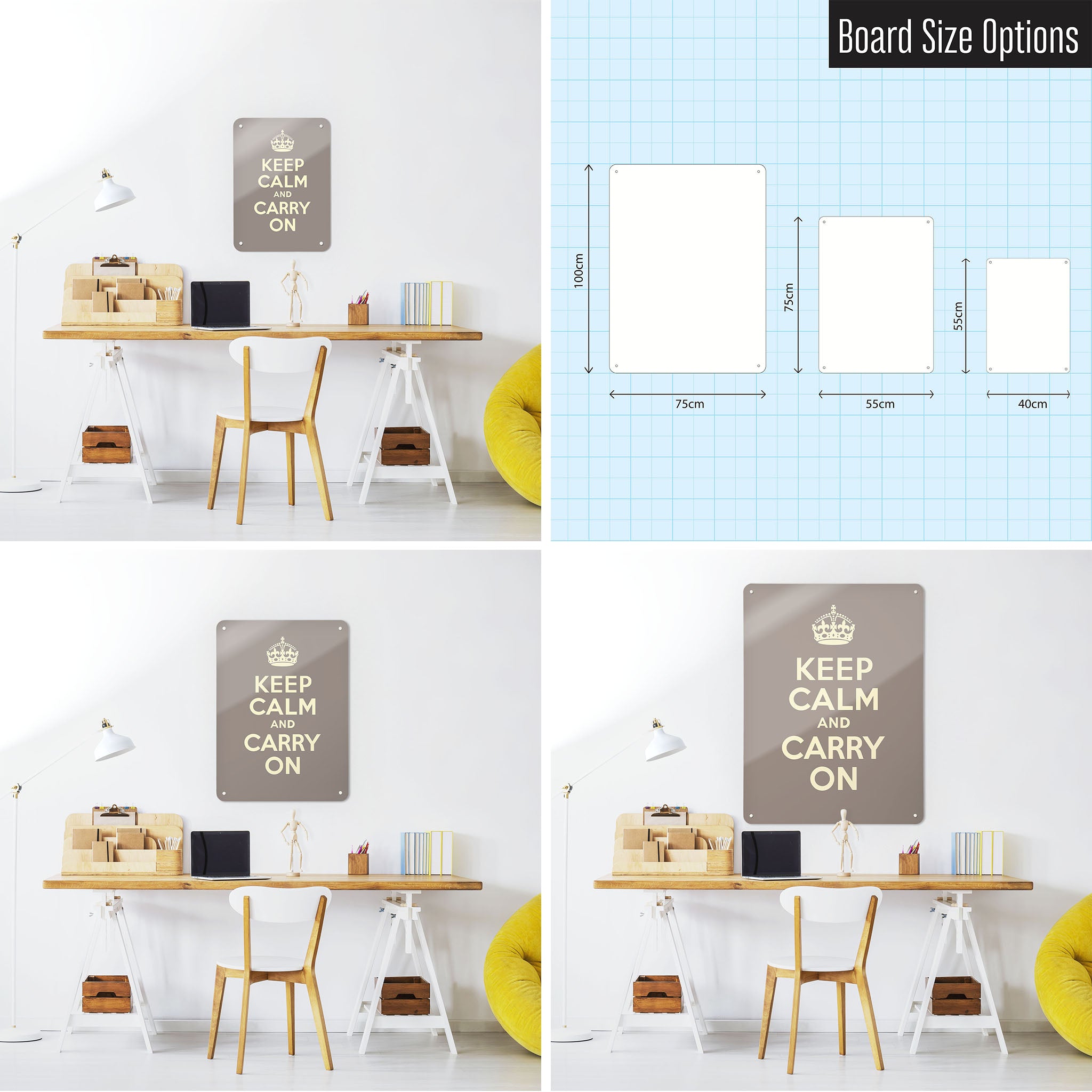 Three photographs of a workspace interior and a diagram to show size comparisons of a brown keep calm and carry on magnetic notice board