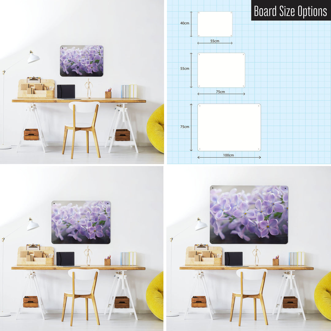 Three photographs of a workspace interior and a diagram to show size comparisons of a lilac flowers photographic magnetic notice board