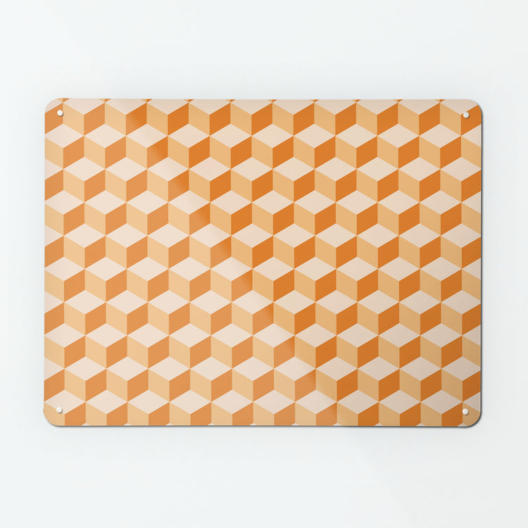 A large magnetic notice board by Beyond the Fridge with a geometric blocks design in shades of orange