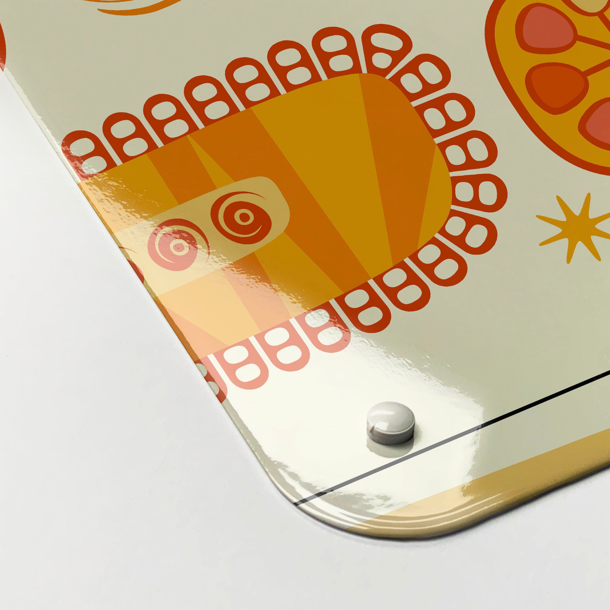 The corner detail of a lucky jar suns magnetic board to show it’s high gloss surface