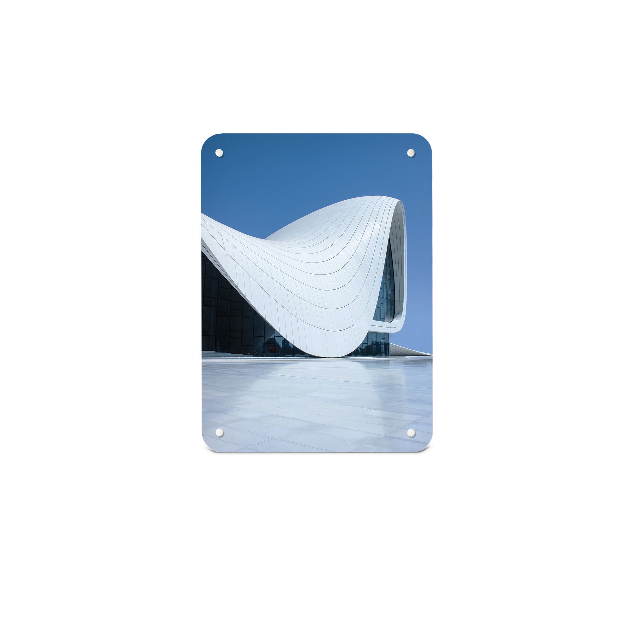 A small magnetic notice board by Beyond the Fridge with a photograph of the Heydar Aliyev Centre in Baku, Azerbaijan