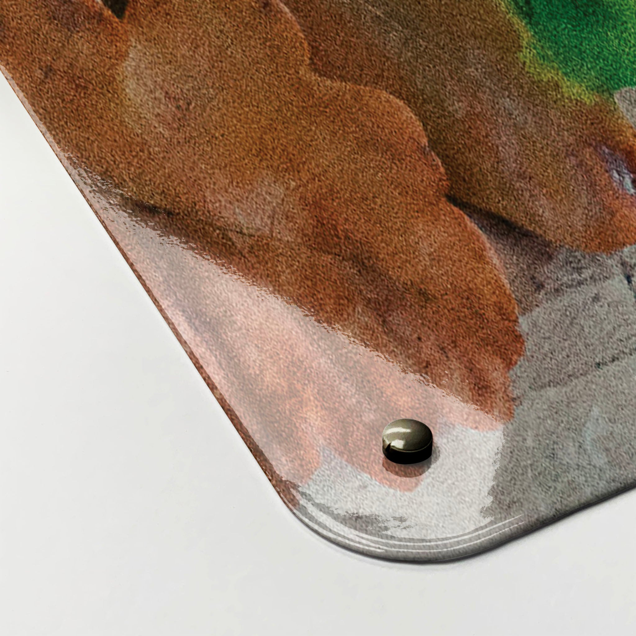 The corner detail of an autumn flatlay photographic magnetic board to show it’s high gloss surface