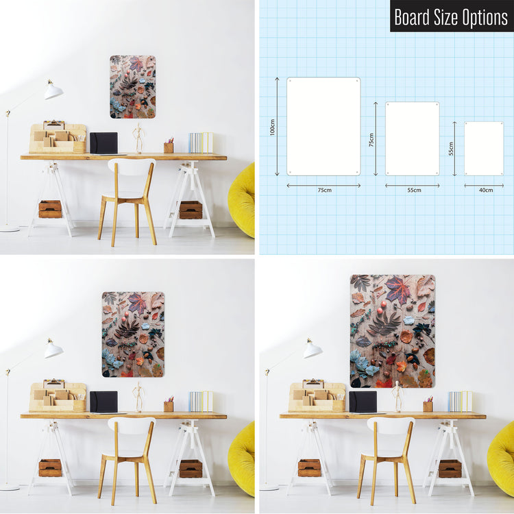 Three photographs of a workspace interior and a diagram to show size comparisons of an autumn flatlay photographic magnetic notice board