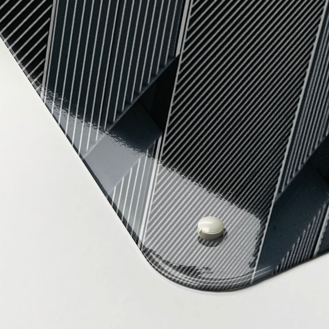 The corner detail of a London Skyscraper photographic magnetic board to show it’s high gloss surface