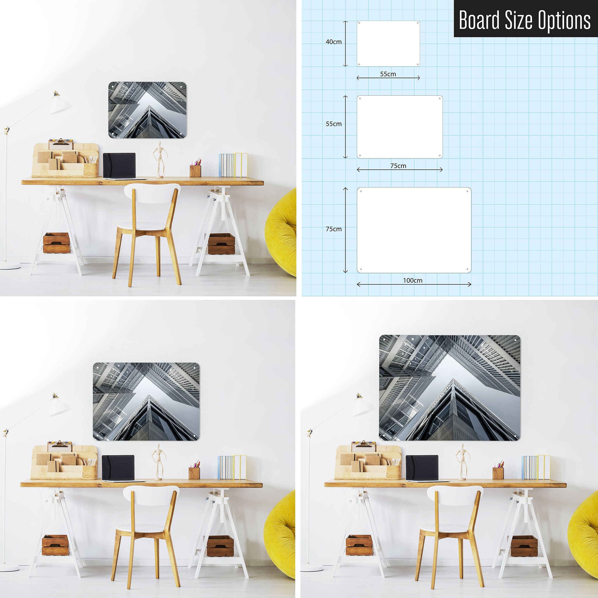 Three photographs of a workspace interior and a diagram to show size comparisons of a Zürich Skyscrapers photographic magnetic notice board