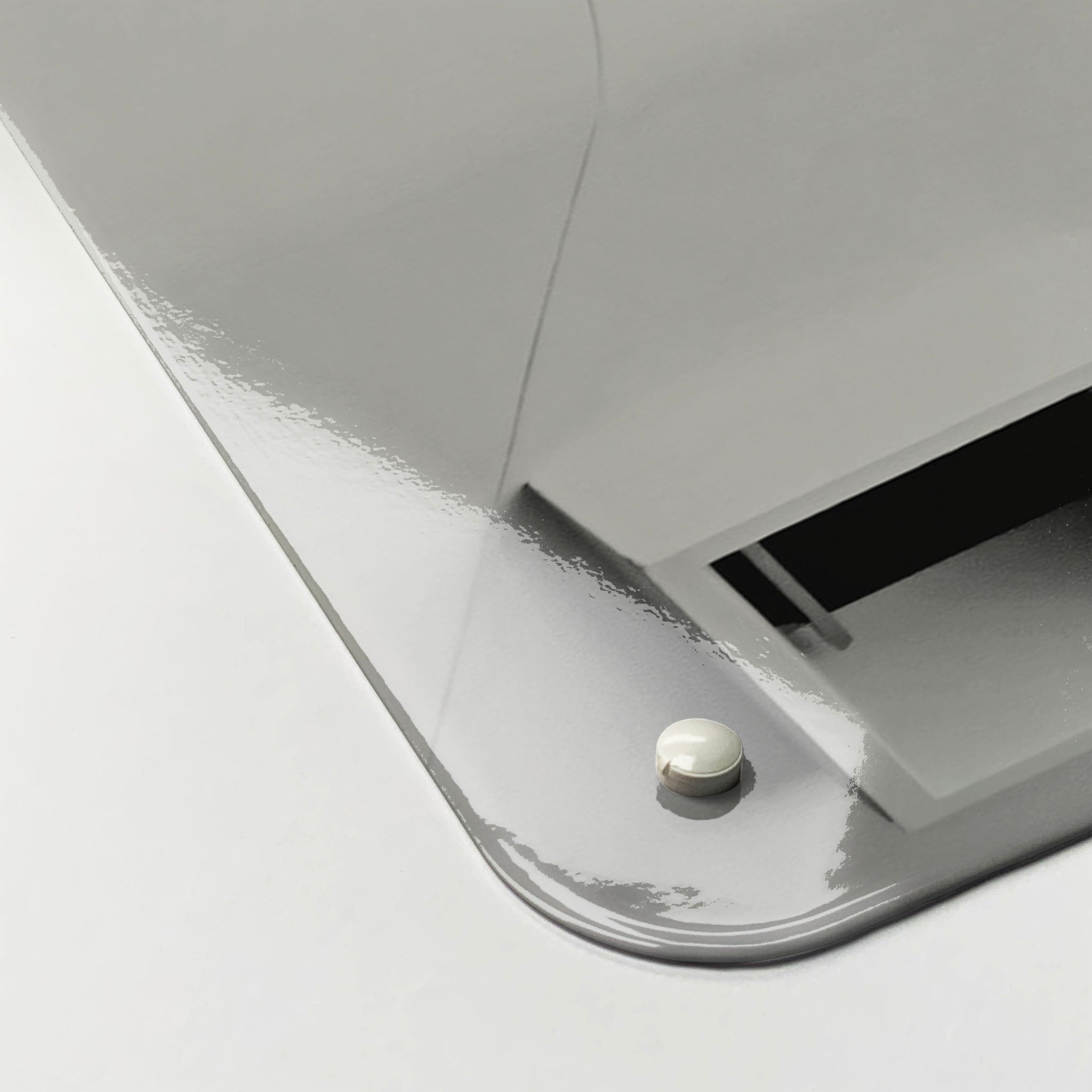 The corner detail of a window pattern photographic magnetic board to show it’s high gloss surface