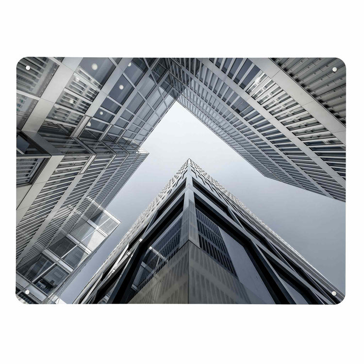 A large magnetic notice board by Beyond the Fridge with a dramatic photographic image of Zürich Skyscrapers