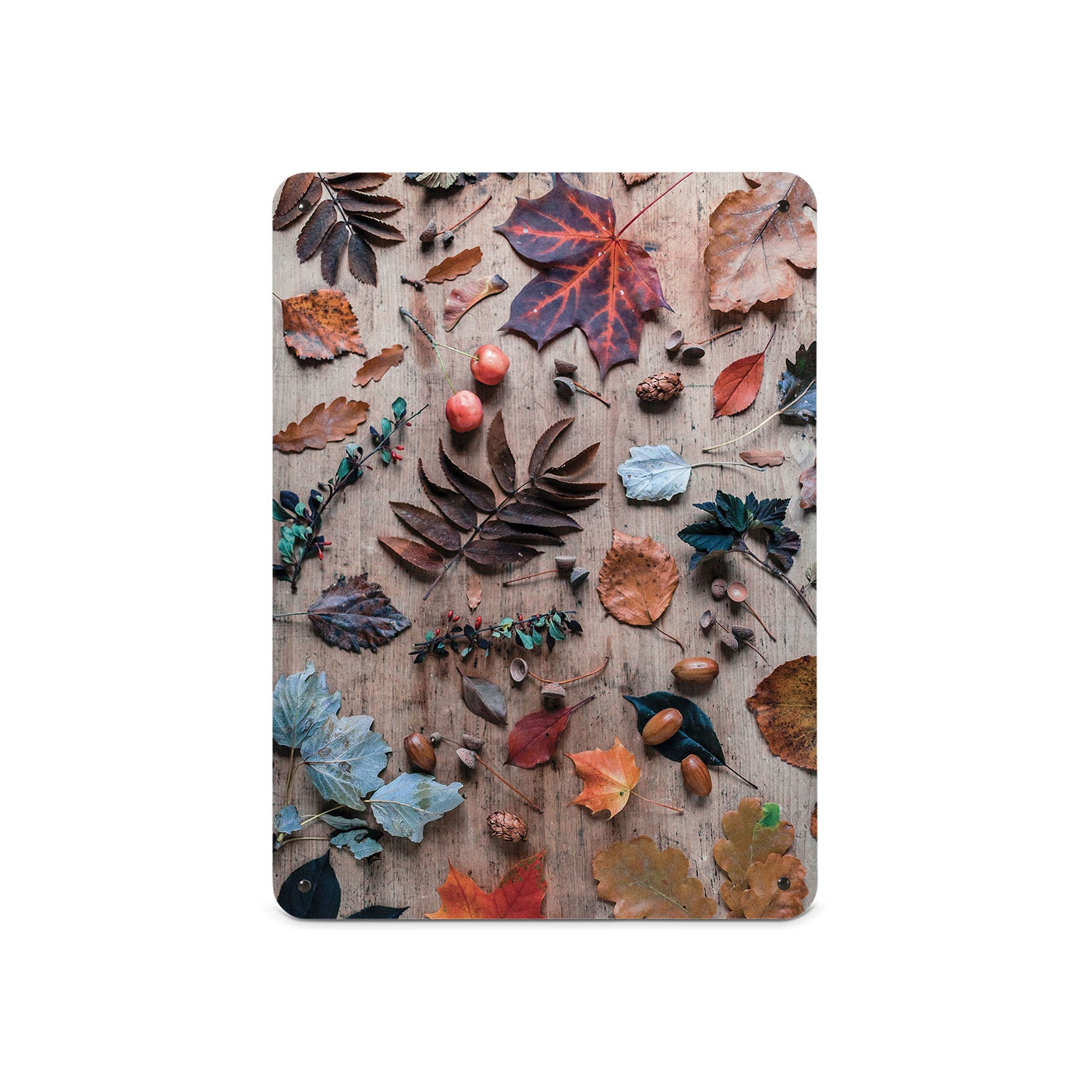 A medium magnetic notice board by Beyond the Fridge with a photograph of a flatlay of autumn leaves and acorns on a wooden background