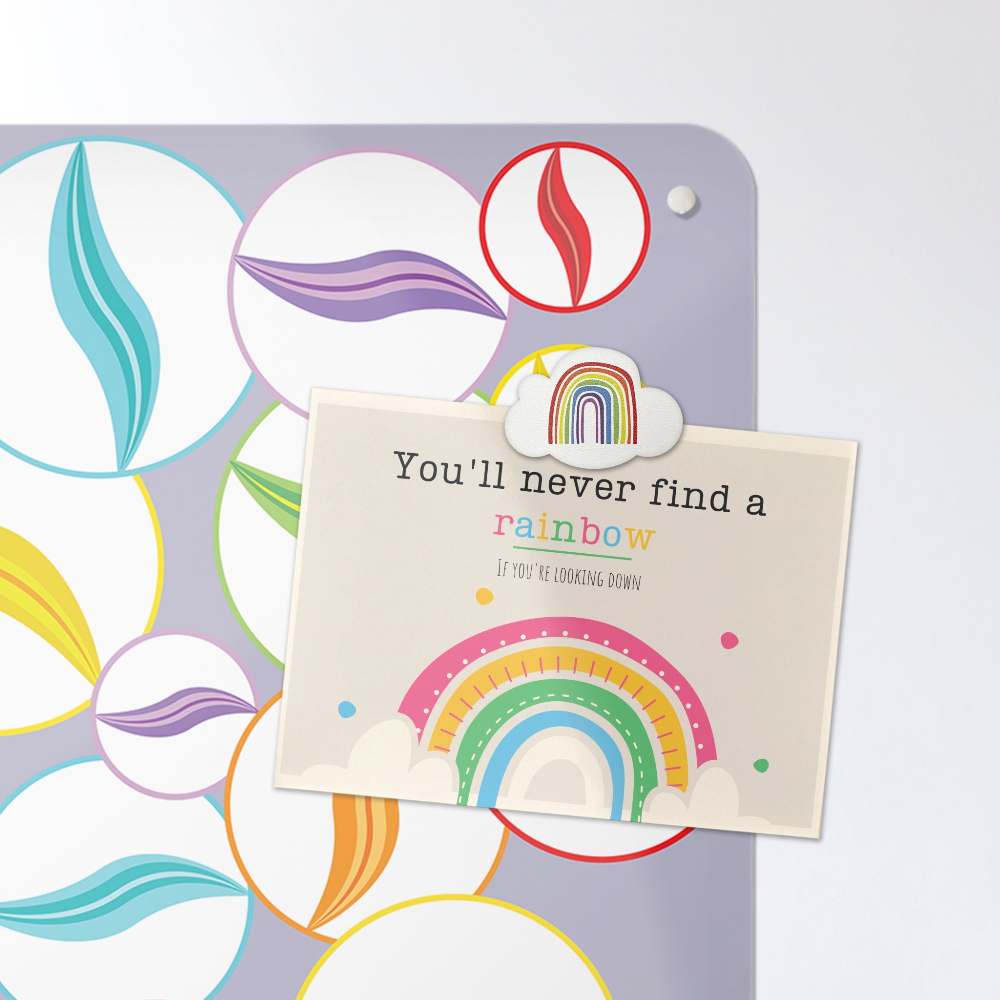 A postcard on a marbles mauve magnetic board or metal wall art panel