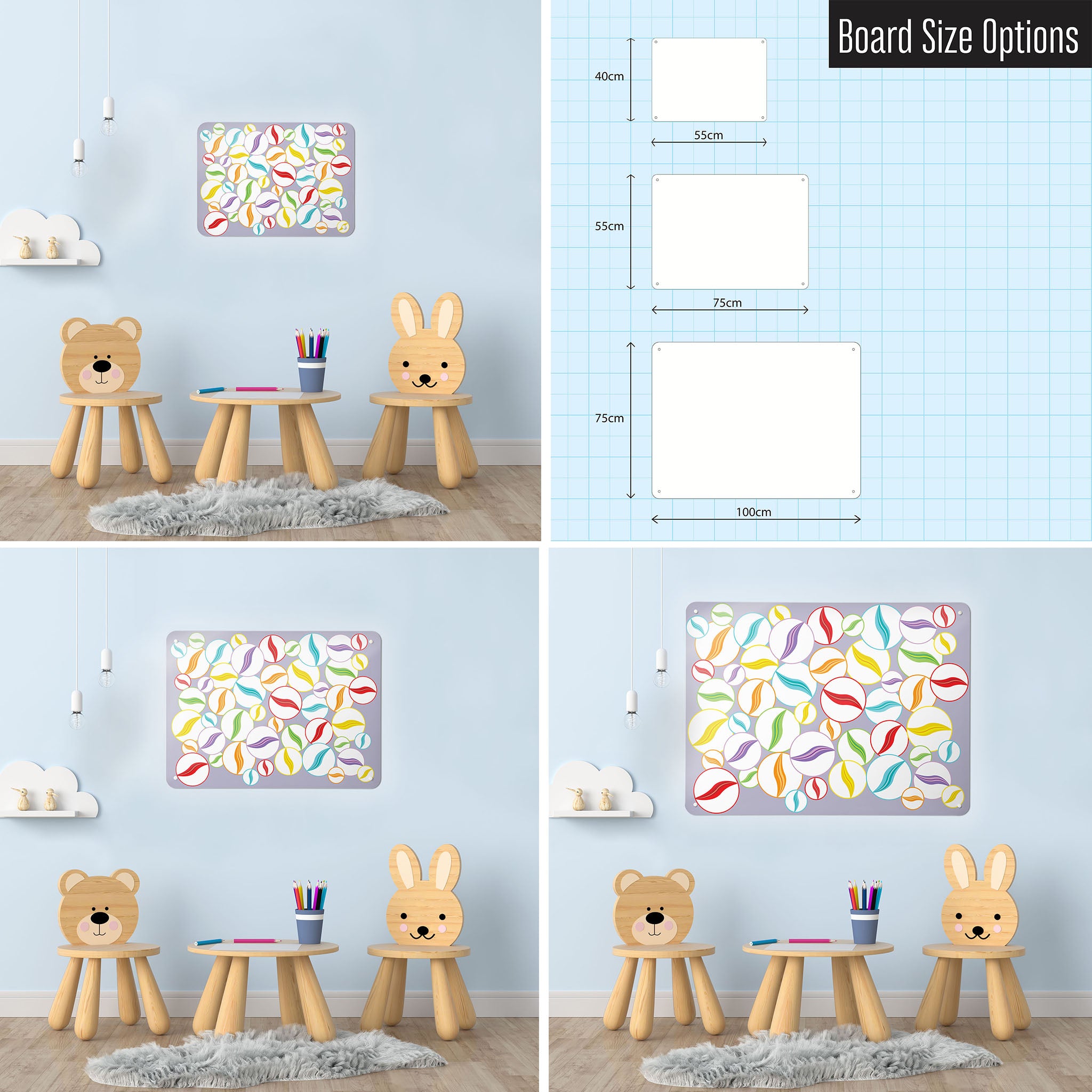 Three photographs of a workspace interior and a diagram to show size comparisons of a marbles on mauve magnetic notice board