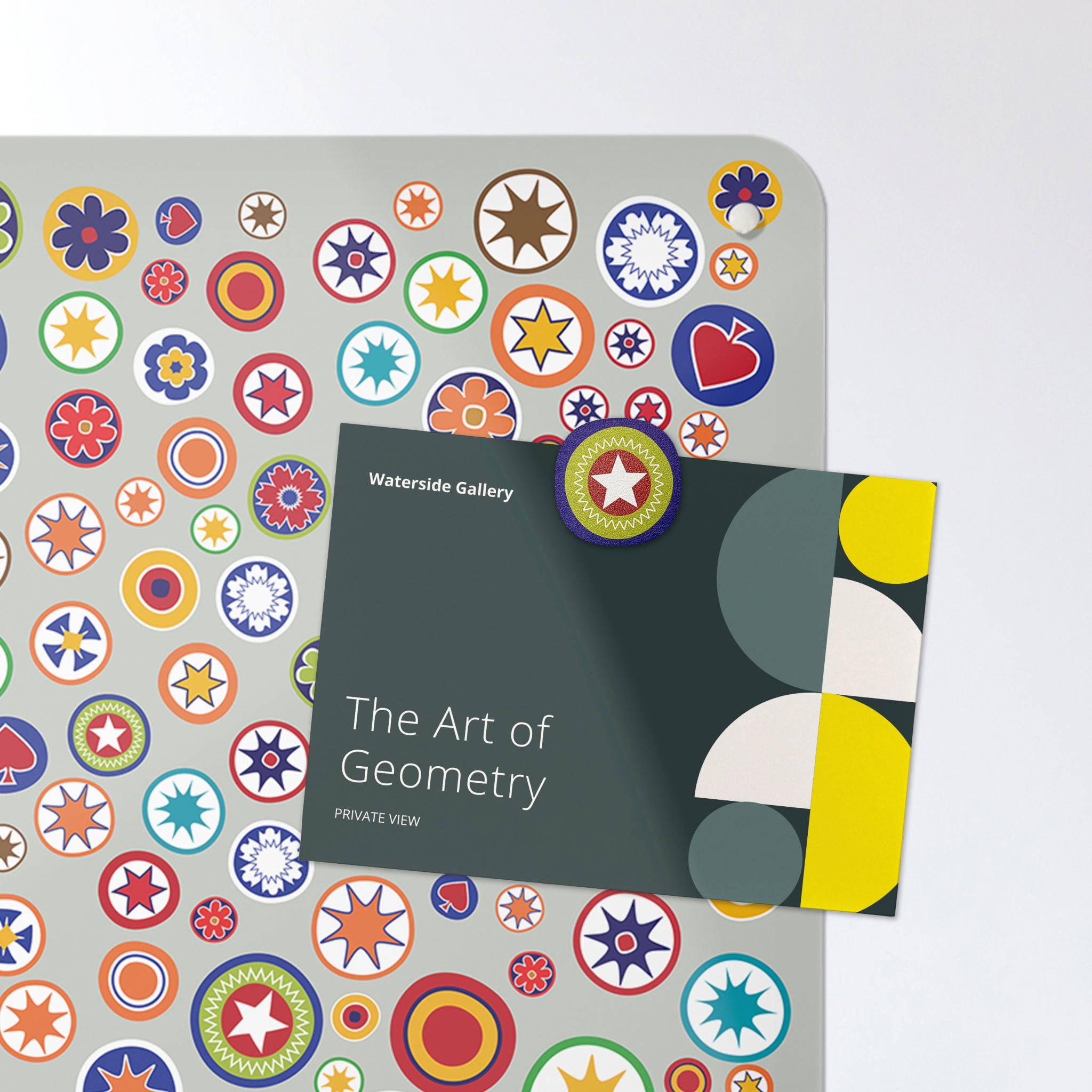 A postcard on a millefiori on grey design magnetic board or metal wall art panel