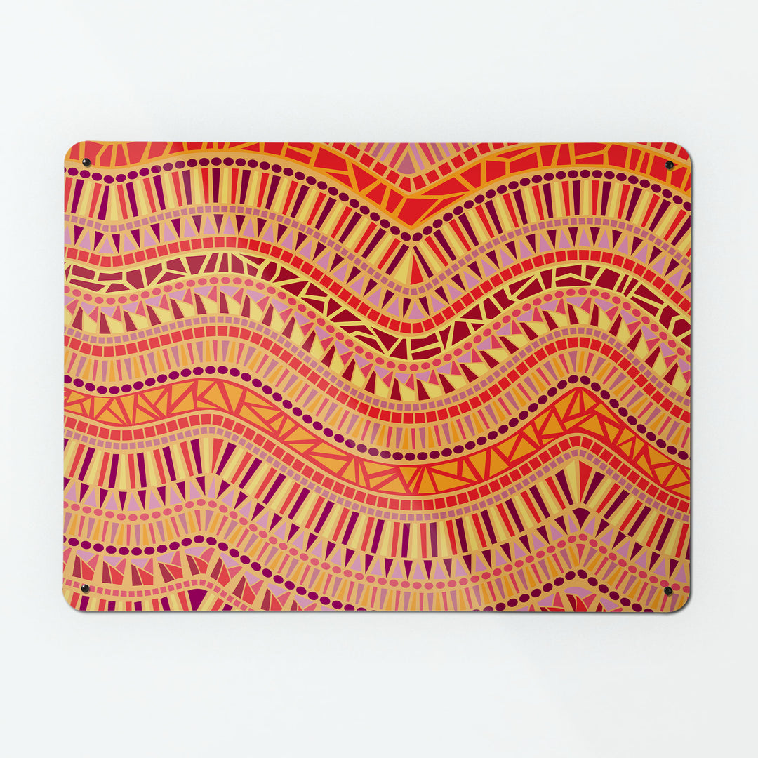 A large magnetic notice board by Beyond the Fridge with an image of a mosaic wave design in lave colours