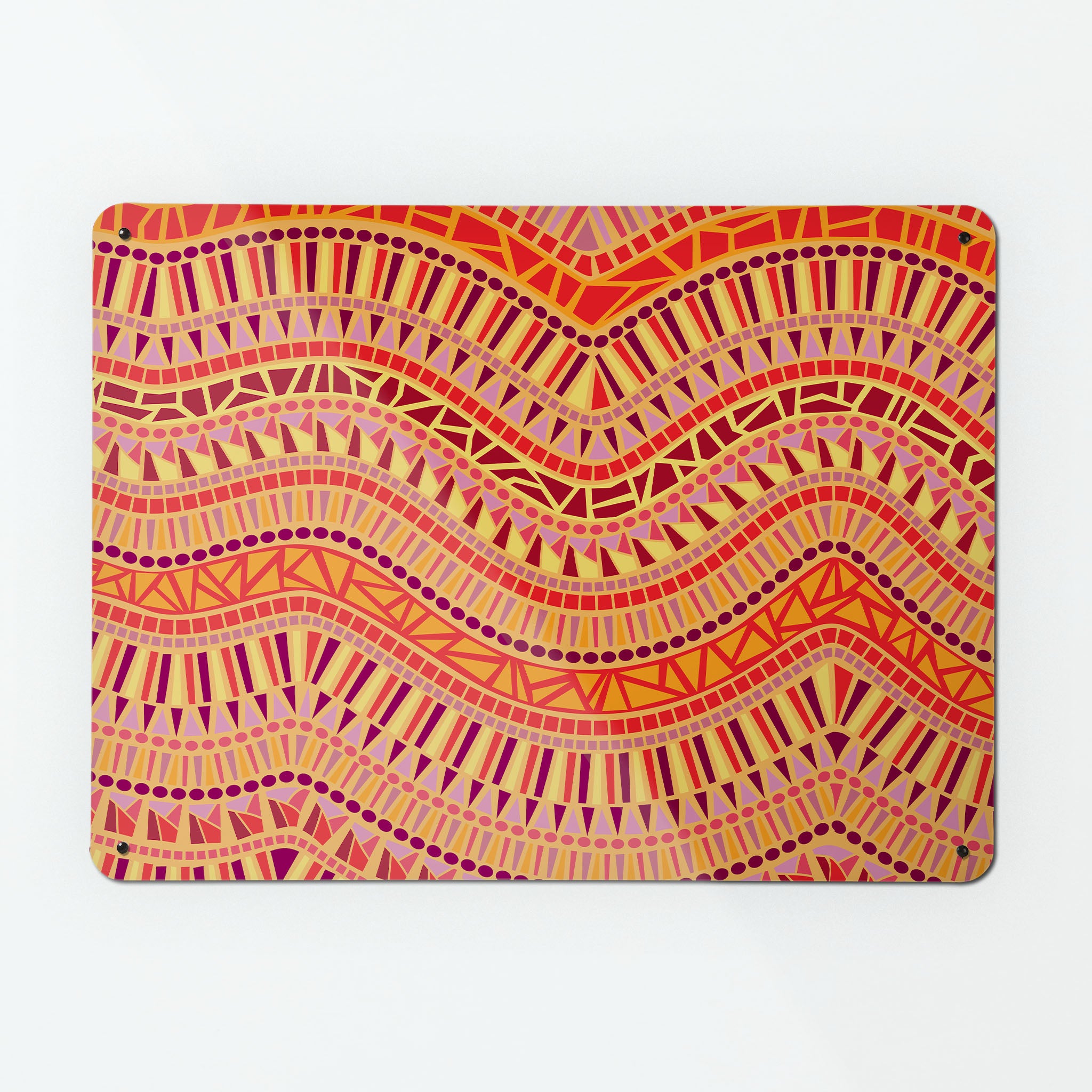 A large magnetic notice board by Beyond the Fridge with an image of a mosaic wave design in lave colours