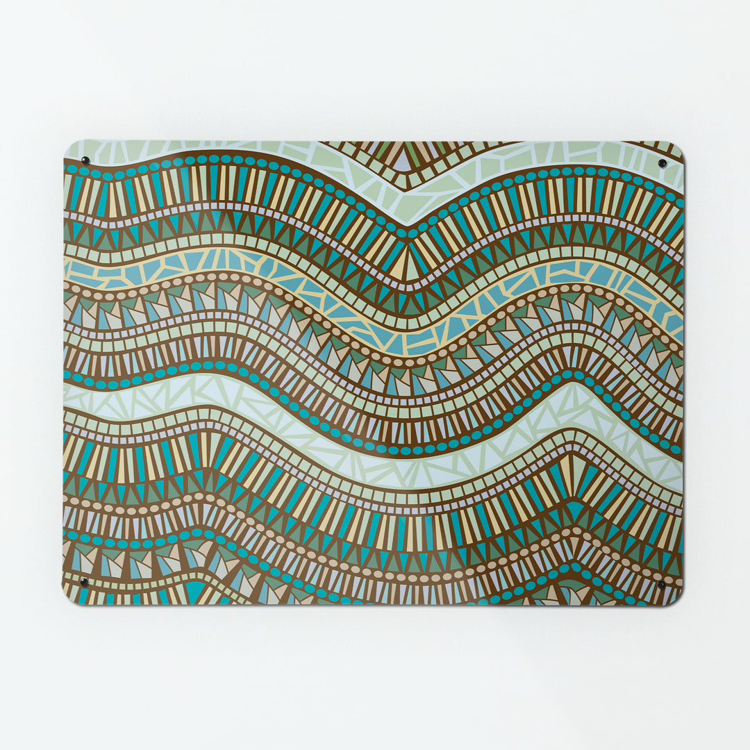 A large magnetic notice board by Beyond the Fridge with an image of a mosaic wave design in river colours