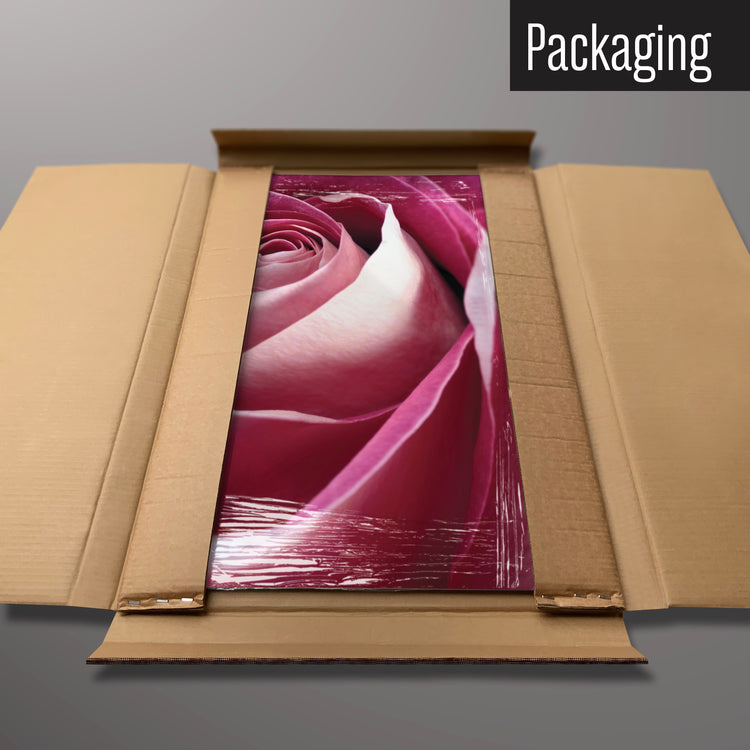 A pink rose photographic magnetic board in it’s cardboard packaging