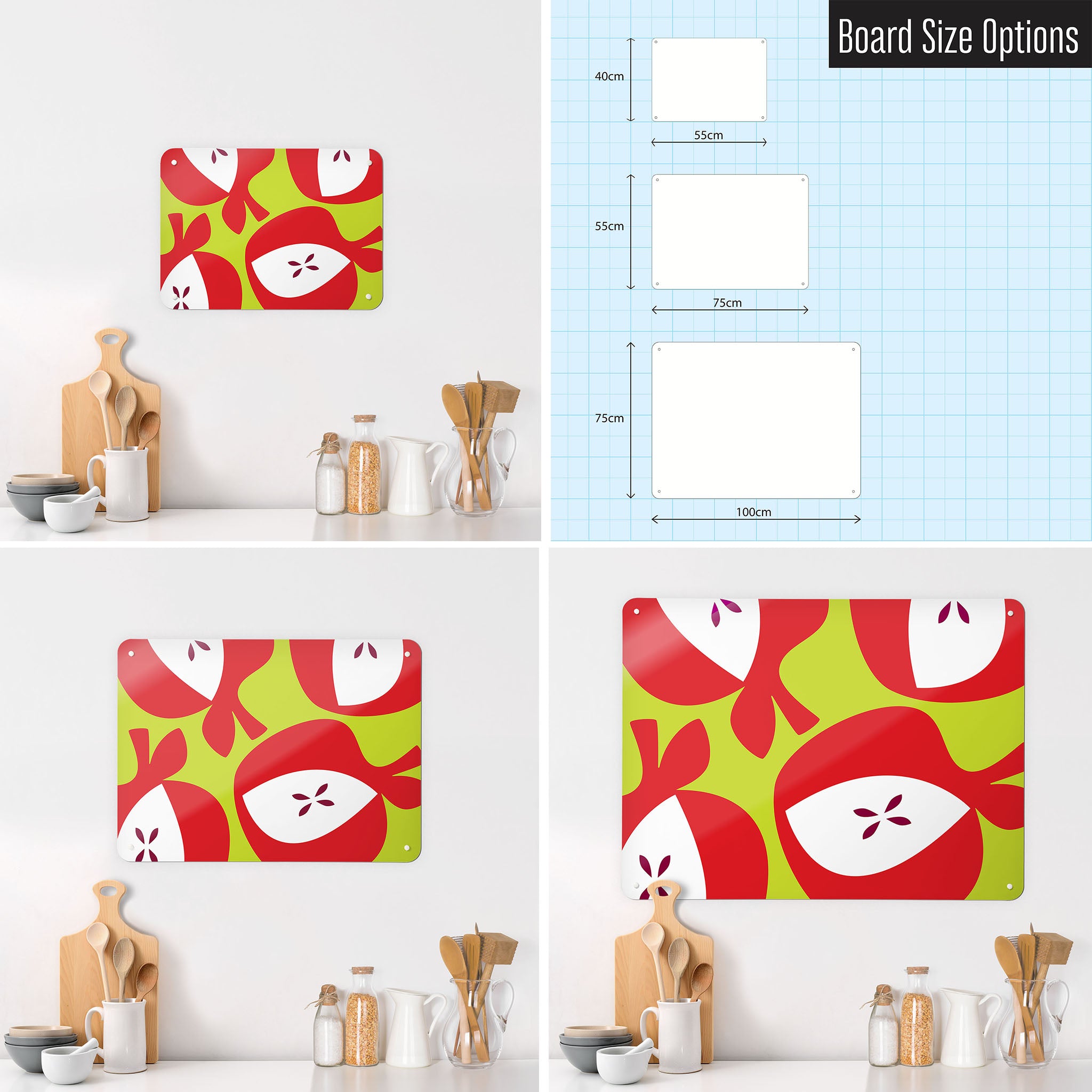 Three photographs of a workspace interior and a diagram to show size comparisons of a red apples design magnetic notice board