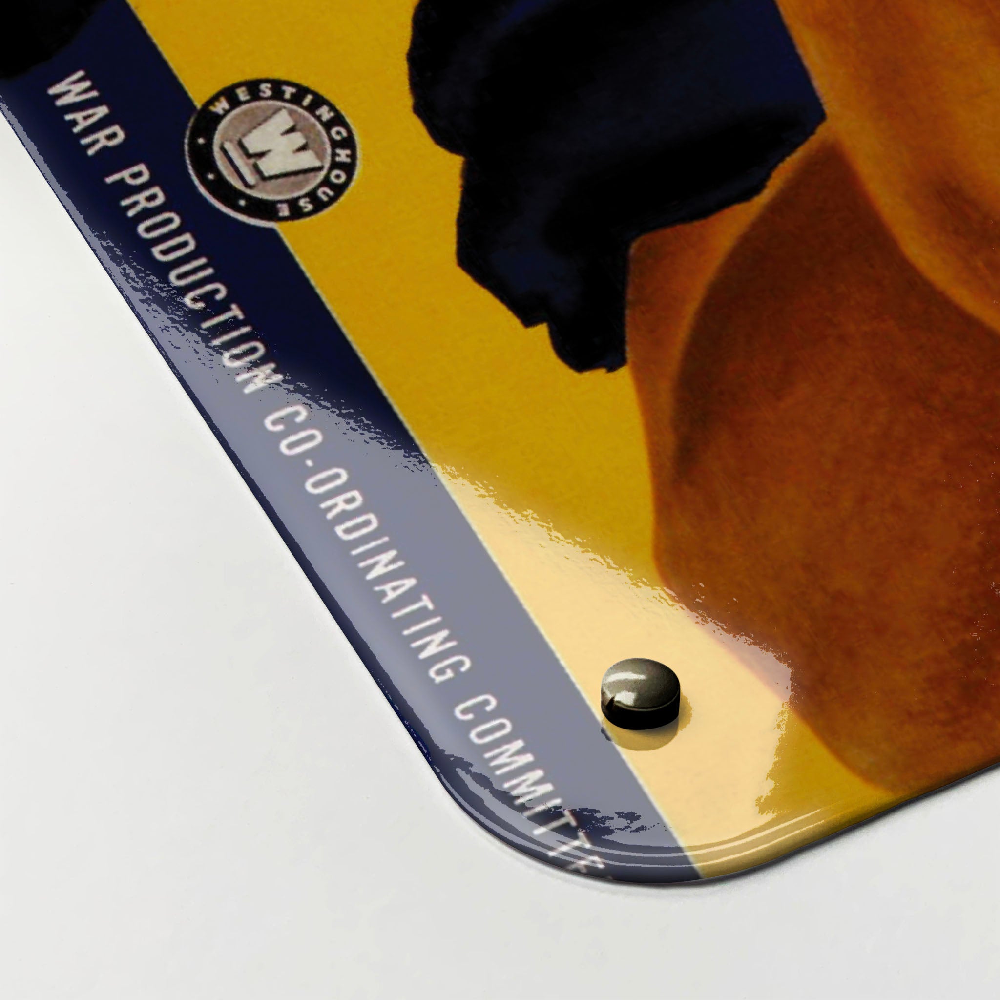 The corner detail of a Rosie the Riveter magnetic board to show it’s high gloss surface