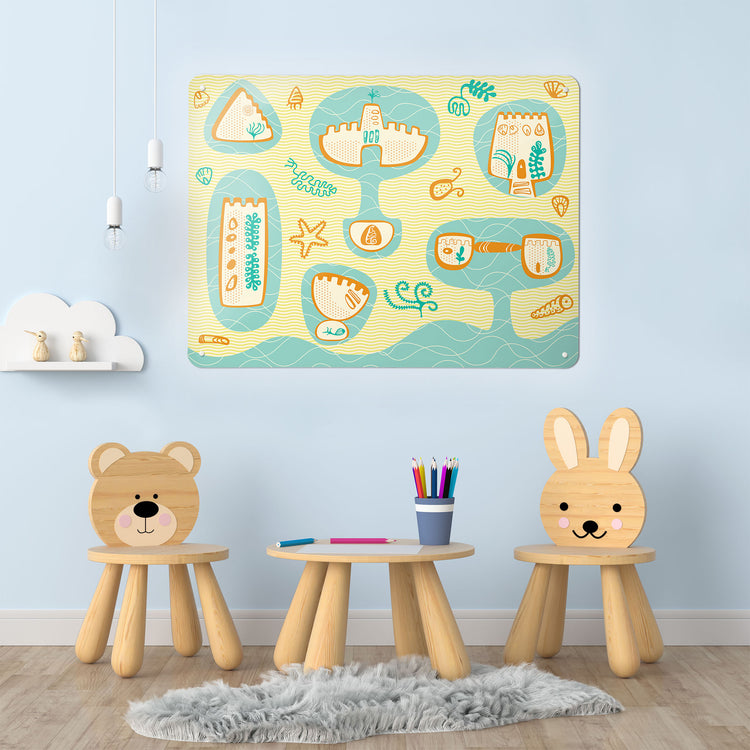 A playroom interior with a magnetic metal wall art panel showing a sandcastles design for kids in yellow and aqua