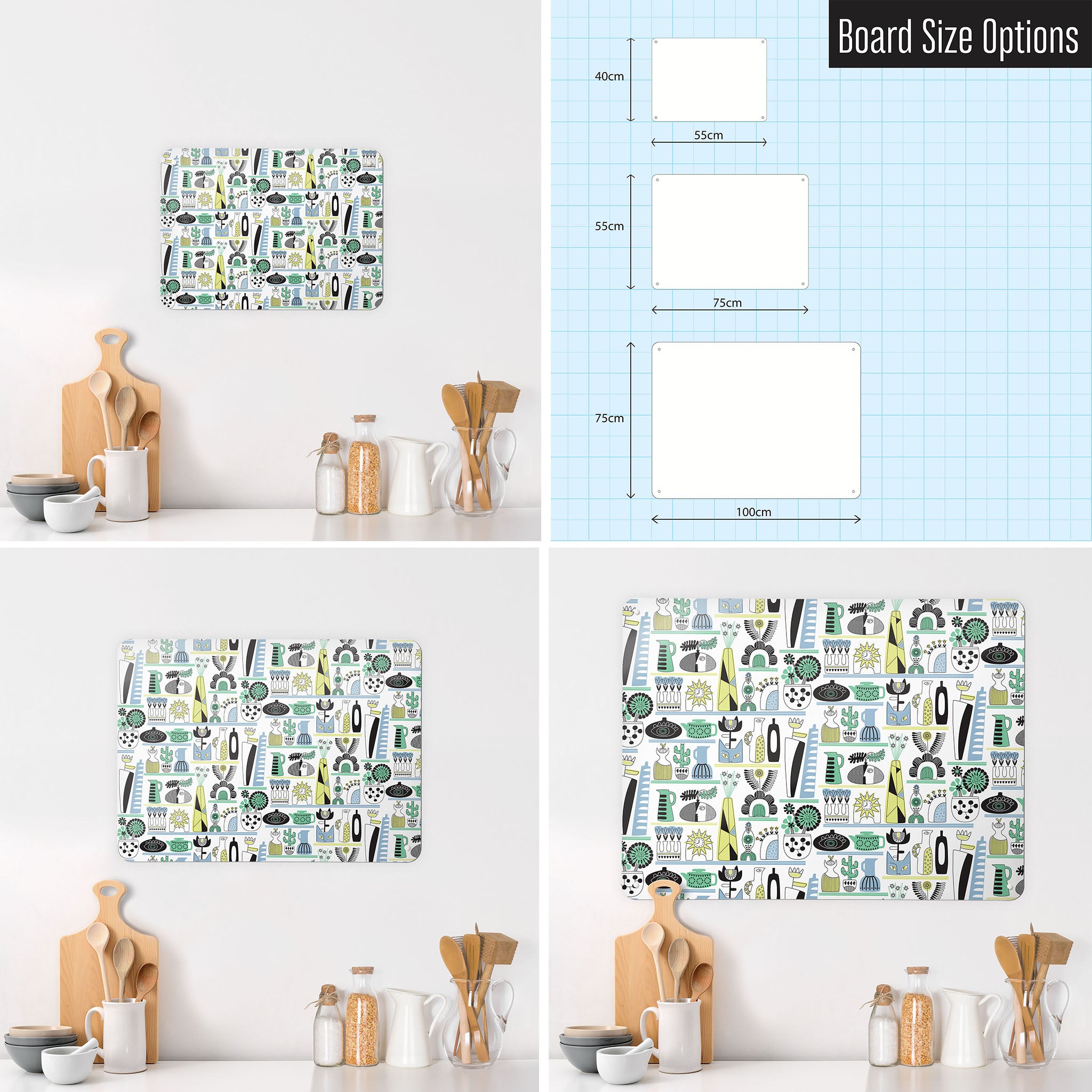 Three photographs of a workspace interior and a diagram to show size comparisons of a shelf life cool tones magnetic notice board