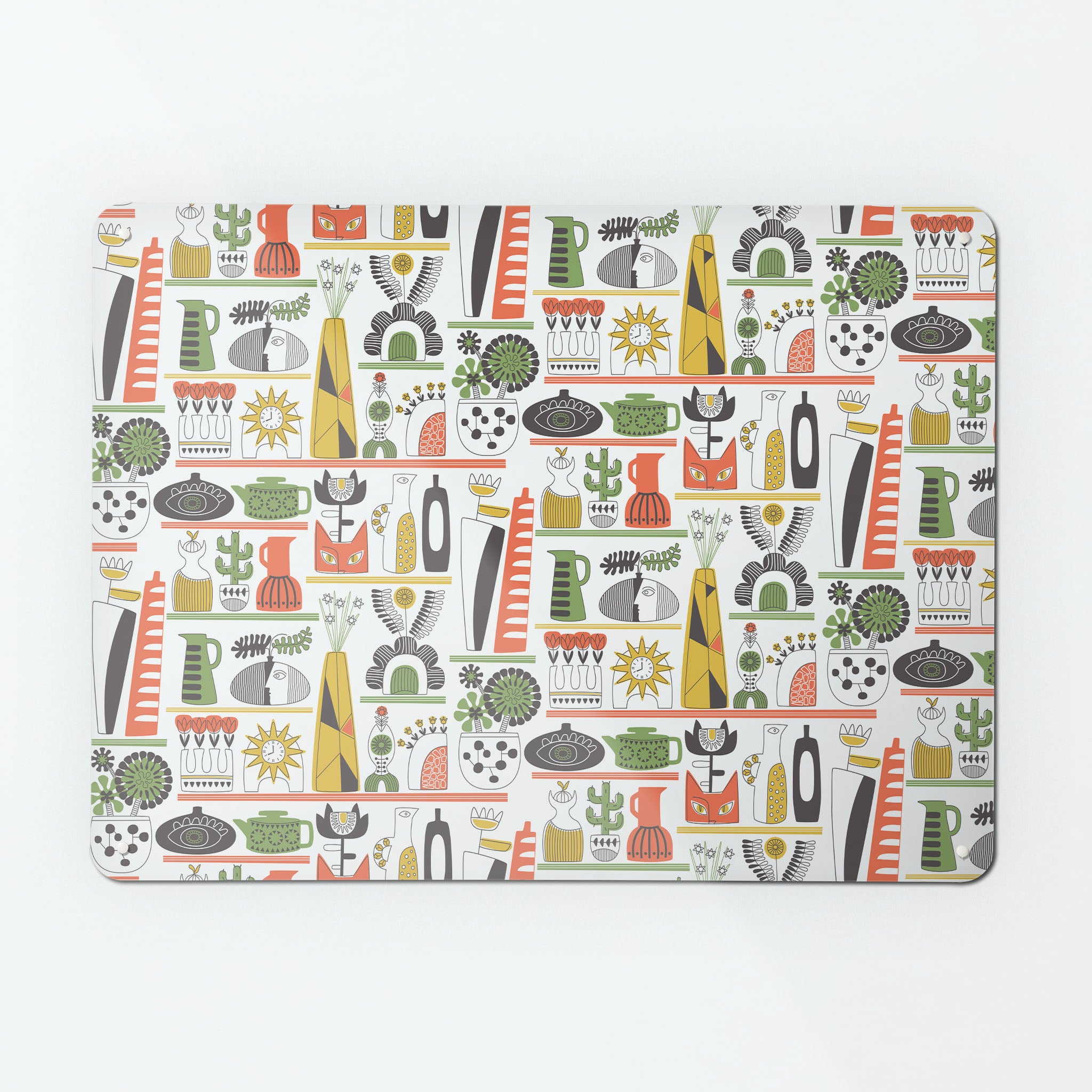 A large magnetic notice board by Beyond the Fridge with a shelf life repeat pattern showing pots, vases and plants in warm colour tones