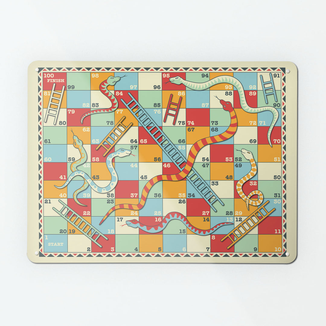 A large dry erase magnetic notice board by Beyond the Fridge with a retro snakes and ladders game design
