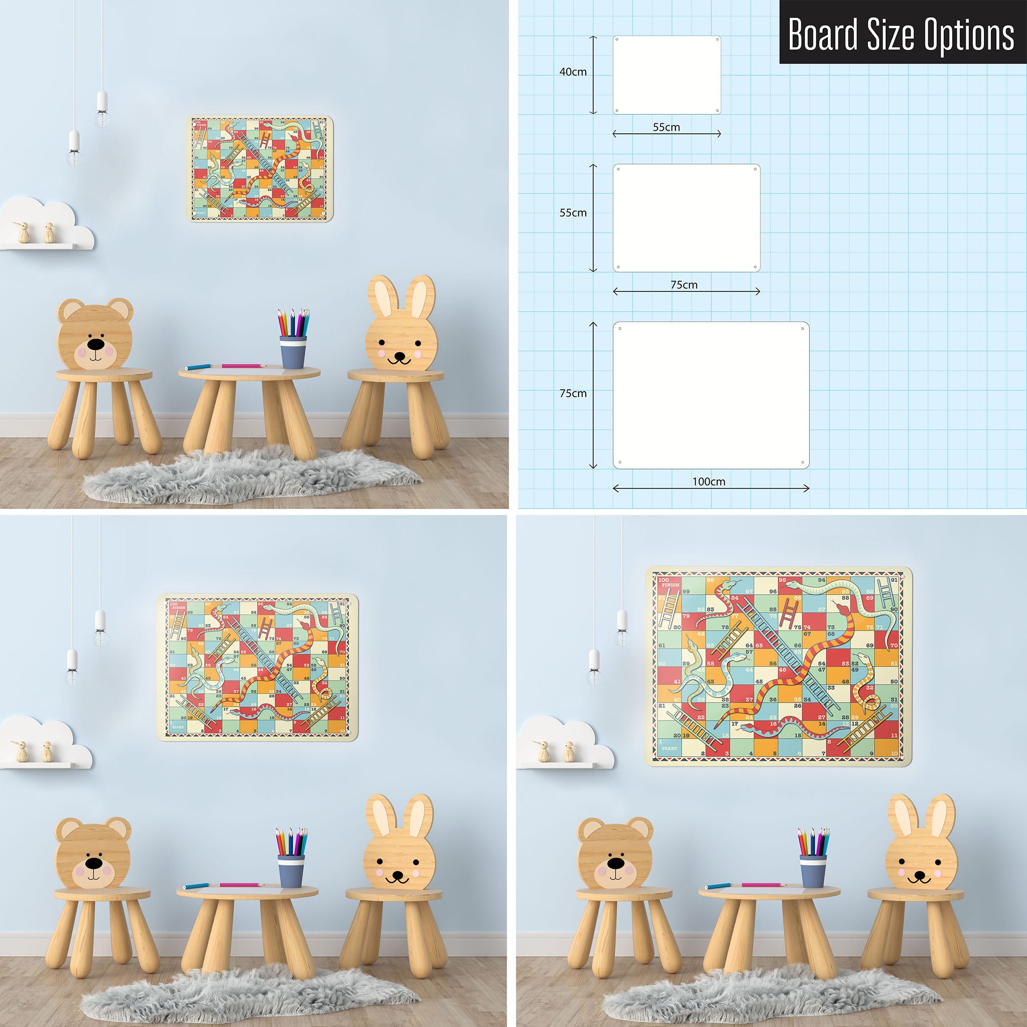 Three photographs of a workspace interior and a diagram to show size comparisons of a snakes and ladders game magnetic notice board