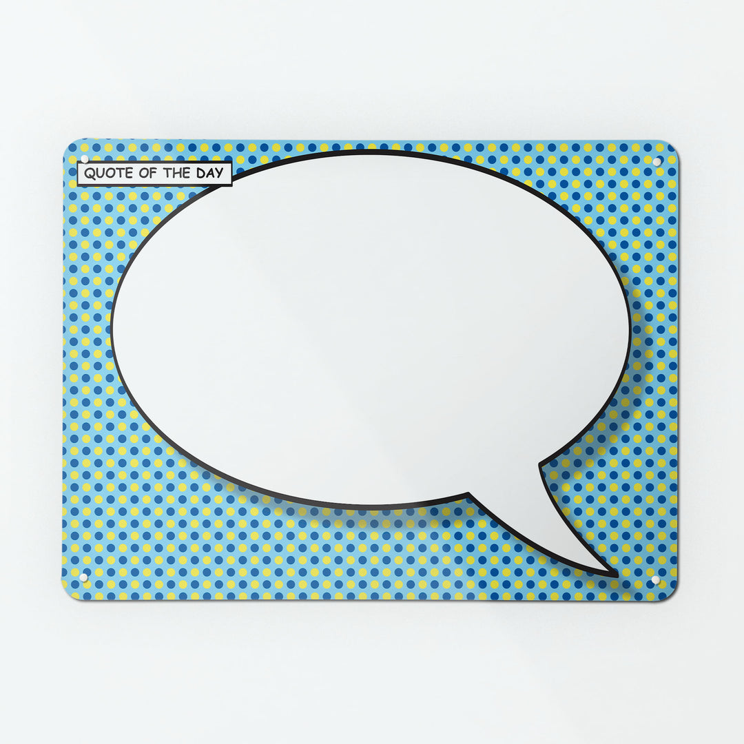 A large magnetic notice board by Beyond the Fridge with a cartoon speech bubble design in white on a blue and yellow background
