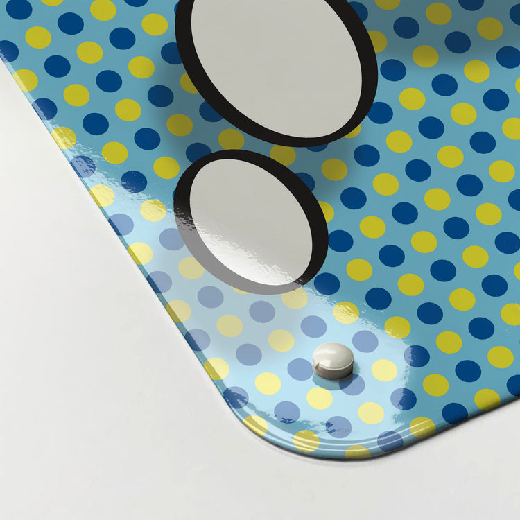 The corner detail of a cartoon thought bubble blue and yellow magnetic board to show it’s high gloss surface