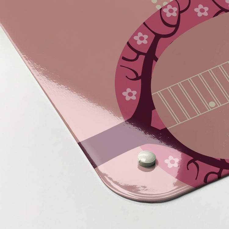 The corner detail of a pink treehouses design magnetic board to show it’s high gloss surface