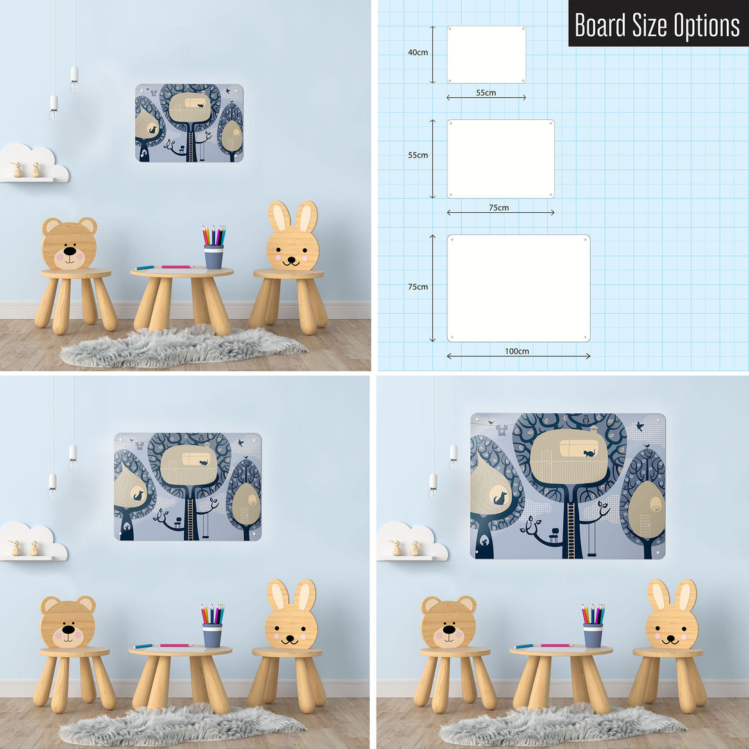 Three photographs of a workspace interior and a diagram to show size comparisons of a treehouses design magnetic notice board