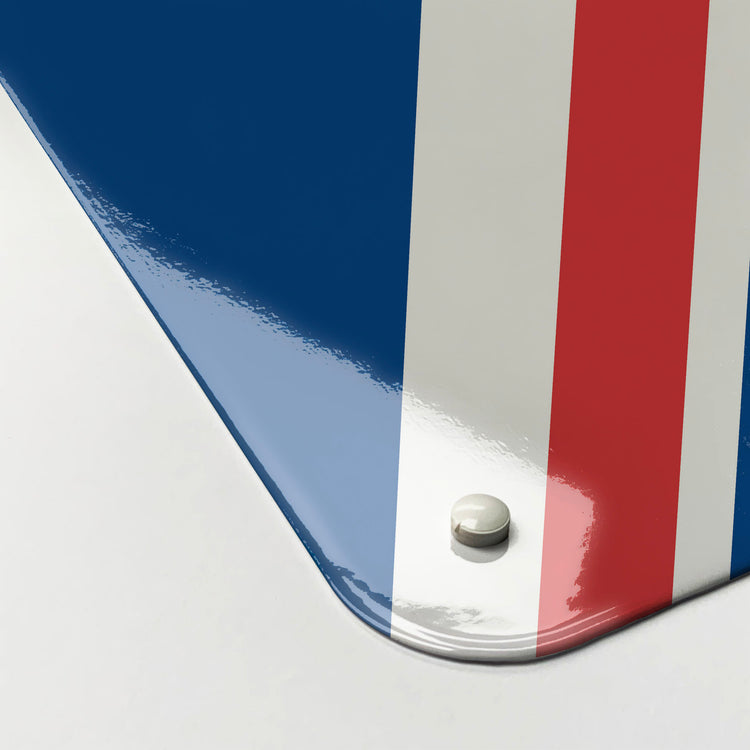 The corner detail of a Union Jack flag design magnetic board to show it’s high gloss surface