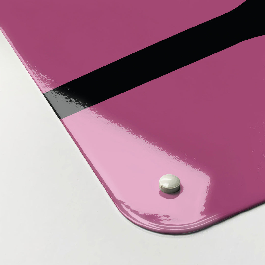 The corner detail of a pink utensils design magnetic board to show it’s high gloss surface