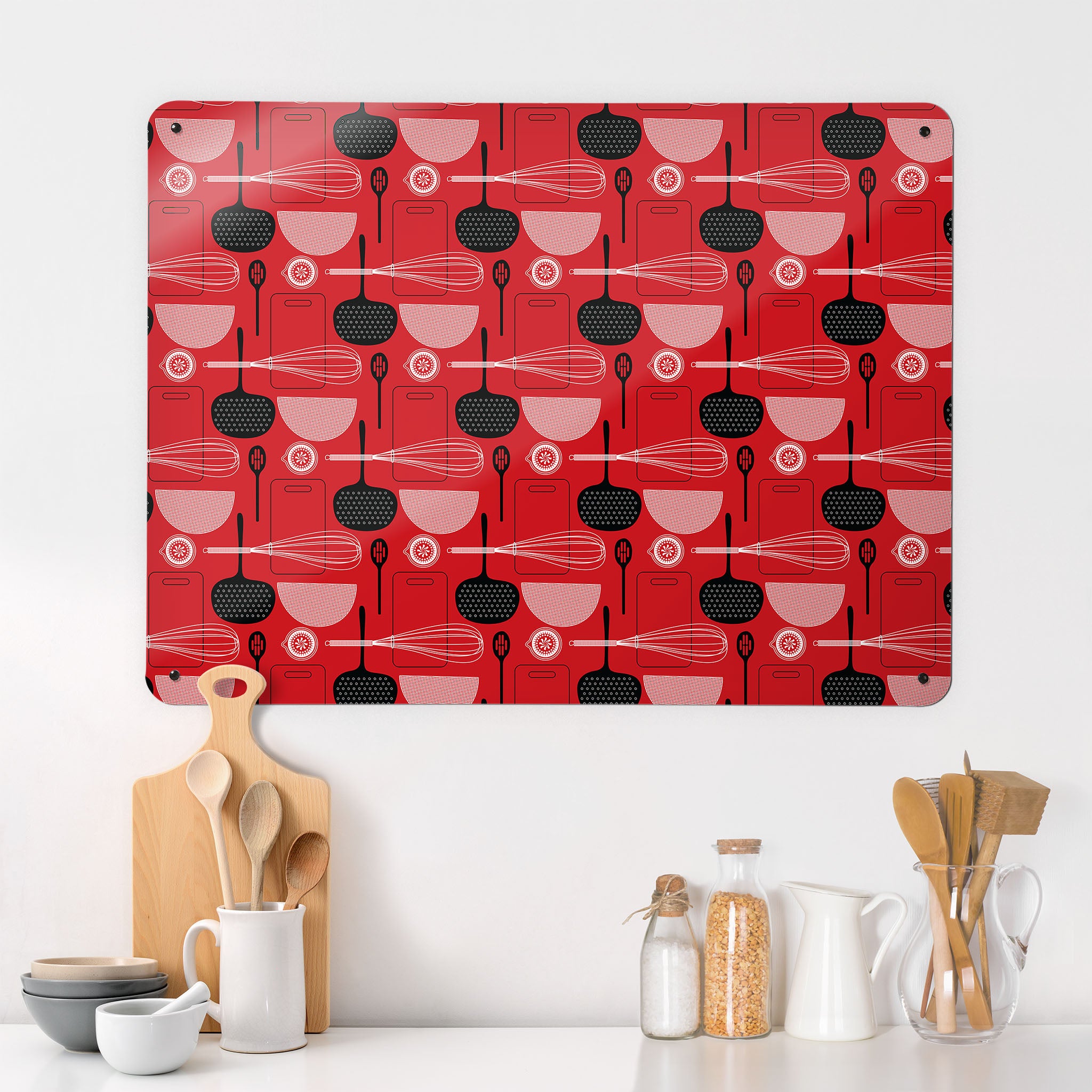 Beyond the Fridge Large A kitchen interior with a magnetic metal wall art panel showing a red utensils repeat pattern design