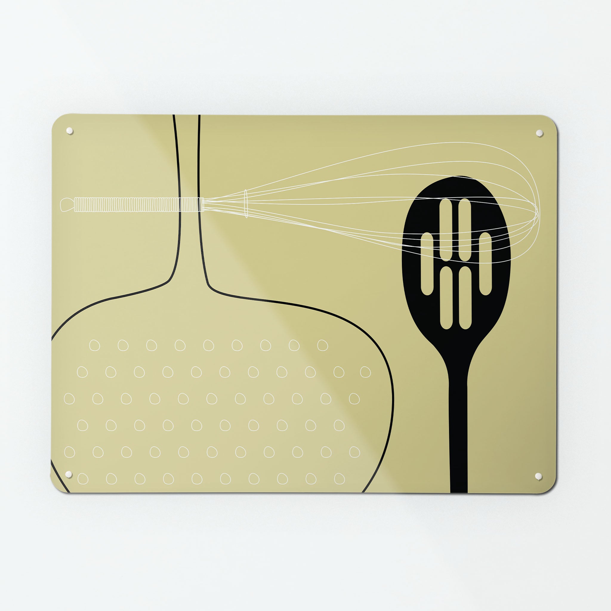 A large magnetic notice board by Beyond the Fridge with a utensils design in light olive colour way