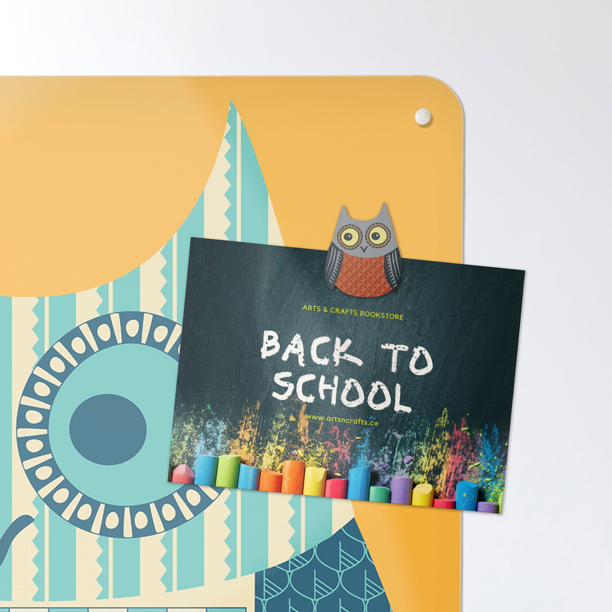 A postcard on a wise owl times tables design magnetic board or metal wall art panel