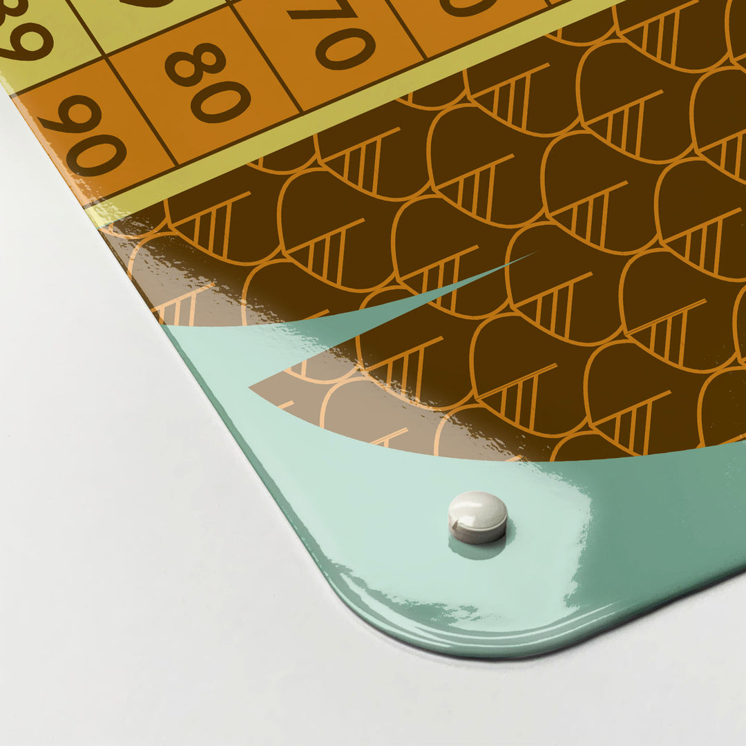 The corner detail of a wise owl number square design magnetic board to show it’s high gloss surface